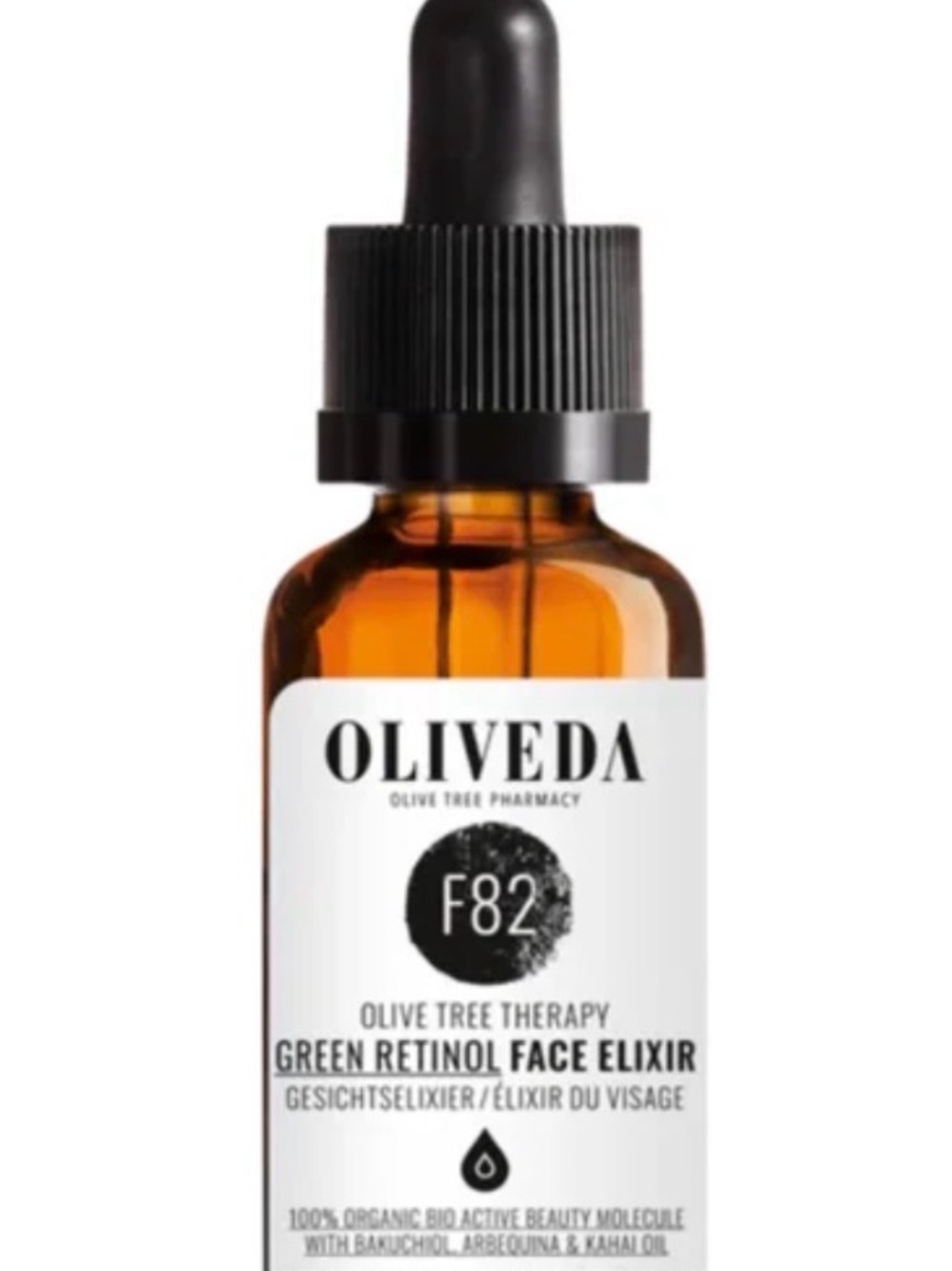 OLIVEDA Green Retinol Face Elixir — Amber Bottle with Black Dropper
